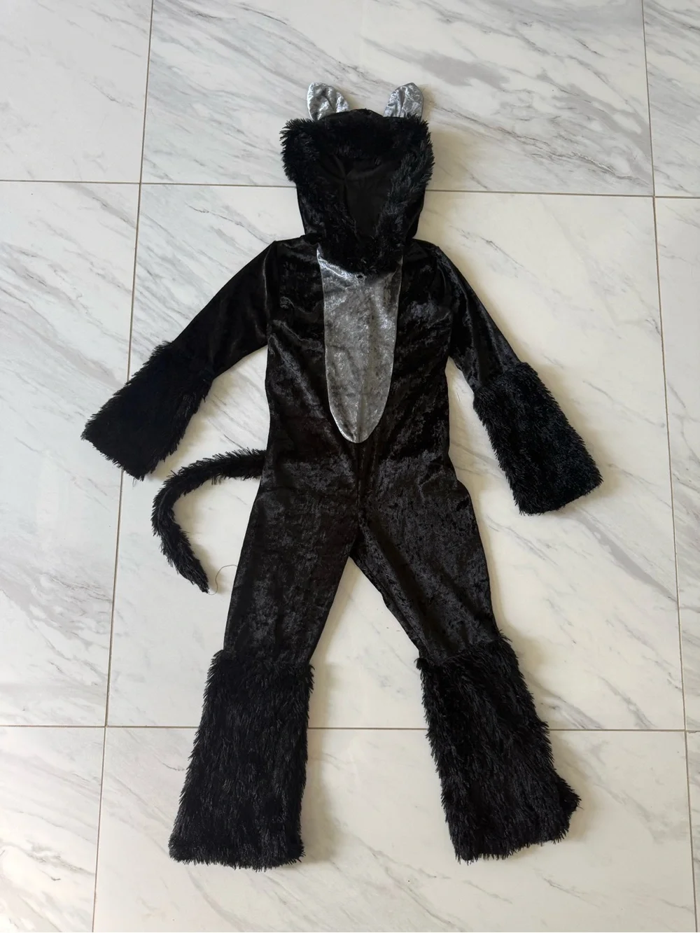 Spirit Kids Black Cat Costume Small Furry Velour Jumpsuit Tail Halloween size S